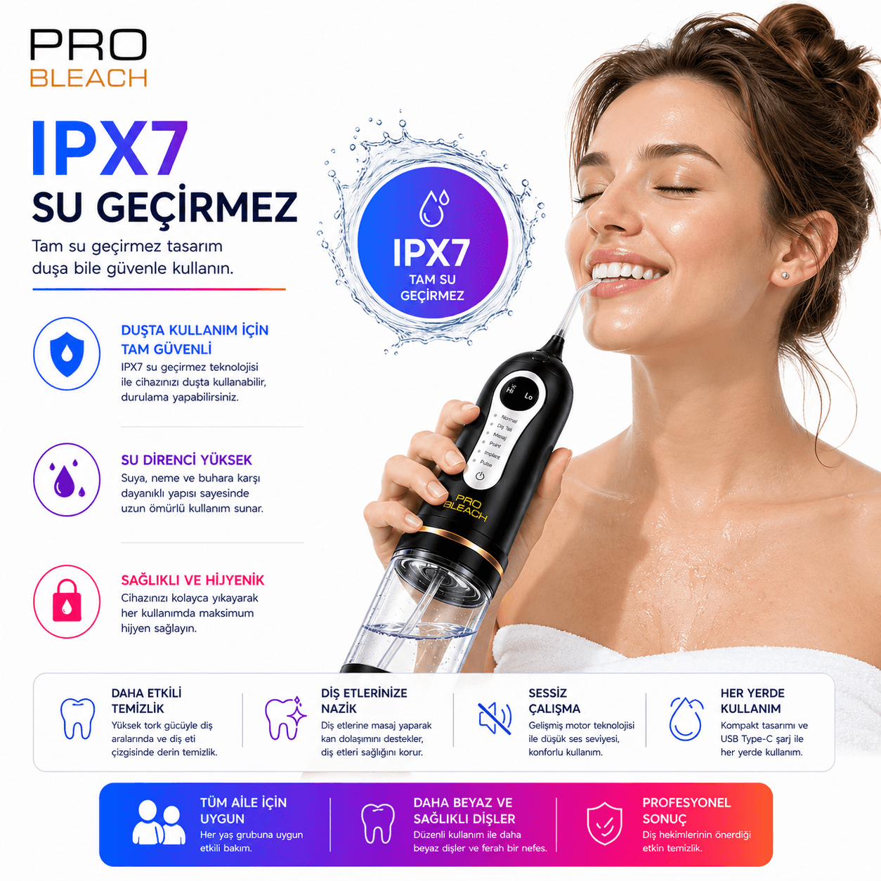 Şarjlı Ağız Duşu Water Flosser | Taşınabilir Diş Duşu Oral Irrigatör | 8 Kademe Basınç 6 Mod IPX7 Su Geçirmez 30 Gün Şarj - Görsel 5